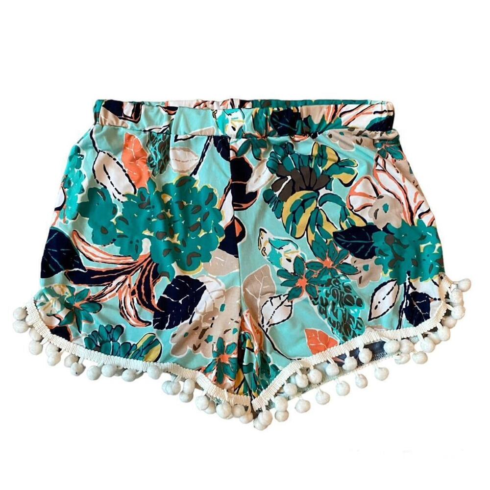 Boutique Girls L Pomelo Teal Navy Orange Floral Pom Pom Bohemian Stretch Shorts